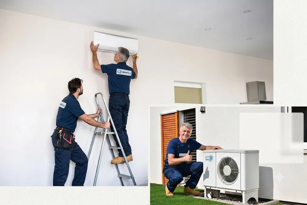 Technician cleaning an air conditioning unit